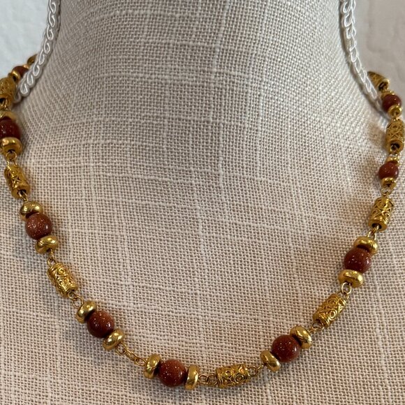 Vintage Metallic and Goldstone Glass Bead Necklace - Picture 5 of 5
